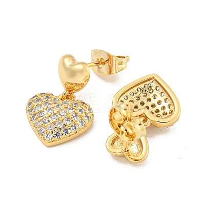 Heart Brass Pave Clear Cubic Zirconia Dangle Stud Earrings EJEW-M258-35G-1