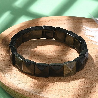 Square Natural Silver Obisdian Beads Stretch Bracelets for Women Men BJEW-C097-06P-1