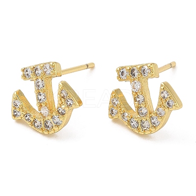 Rack Plating Brass Anchor Stud Earrings with Cubic Zirconia EJEW-D061-17G-1