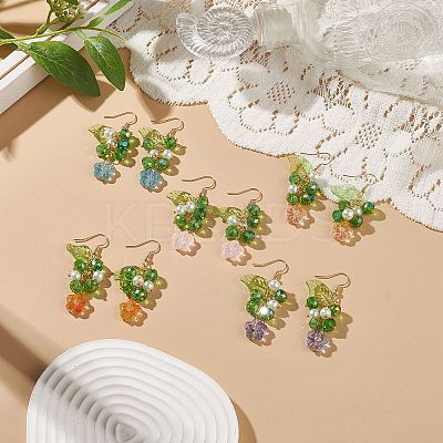 5 Pairs 5 Color Acrylic & Glass Pearl Flower of Life Dangle Earrings EJEW-JE05098-1