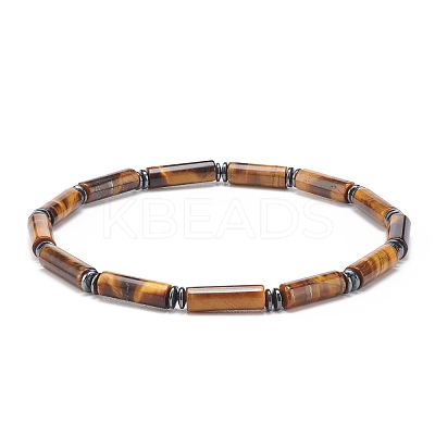 Natural Tiger Eye Column & Synthetic Hematite Stretch Bracelet BJEW-JB08458-01-1