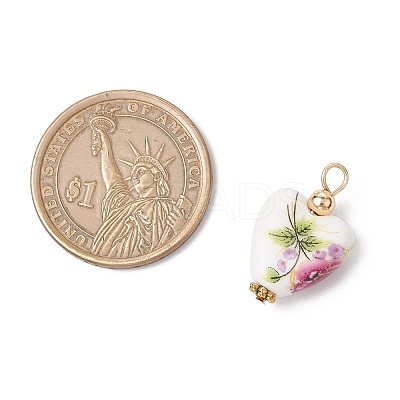 Heart Shaped Pink Floral Printed Porcelain Pendants PALLOY-JF03972-1