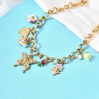 304 Stainless Steel Butterfly & Acrylic & Ceramic Flower Pendant Necklaces for Women NJEW-A063-13G-1