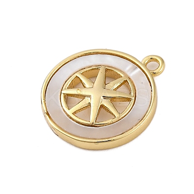 Brass Pave Natural Shell Flat Round with Star Charms KK-P289-06G-1