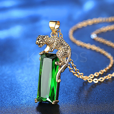 Rectangle with Leopard Alloy Fern Green Rhinestone Pendant Necklaces FS-WG97C8C-01-1