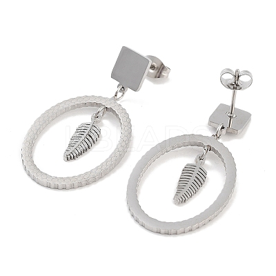 Tarnish Resistant Oval with Leaf 304 Stainless Steel Dangle Earrings EJEW-L283-108P-1