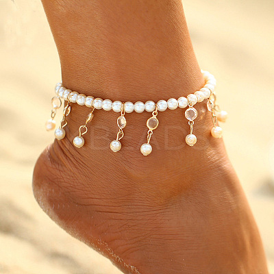 Bohemian Style White Plastic Pearl Round Beaded Alloy Crystal Flat Round Tassel Stretch Anklets for Women FS-WG41F6F-01-1