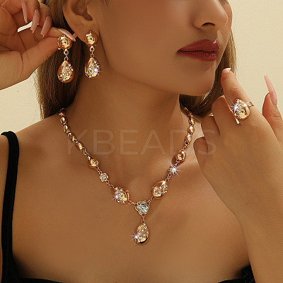 Teardrop Alloy Rhinestone Pendant Necklaces & Stud Earring & Rings Sets for Women FS-WG09A79-01-1