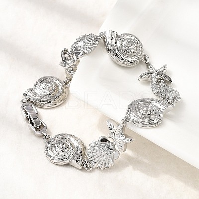 Summer Beach Brass Micro Pave Clear Cubic Zirconia Starfish & Shell Shape Link Chain Bracelets BJEW-C118-02A-P-1