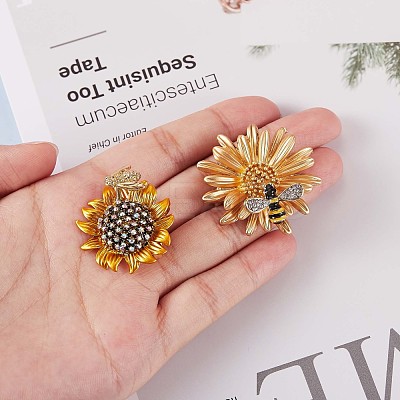 2Pcs 2 Style Sunflower and Bee Clear Cubic Zirconia Badges Pins with Enamel JX167A-1