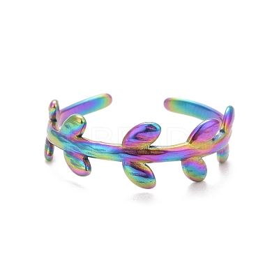 Ion Plating(IP) Rainbow Color 304 Stainless Steel Leaf Wrap Open Cuff Ring for Women RJEW-C025-15M-1