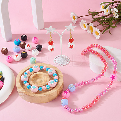 50Pcs 10 Colors Round with Star Food Grade Eco-Friendly Silicone Beads SIL-TA0001-47-1