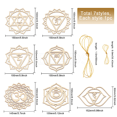 7 Chakra Theme Unfinished Wooden Pendant Decorations AJEW-CA0003-51-1