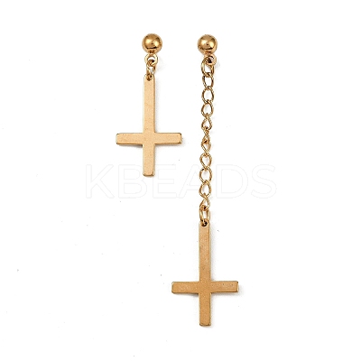 Christian Upside Down Cross 201 Stainless Steel Dangle Stud Earrings LS-EJEW-P314-01C-G-1