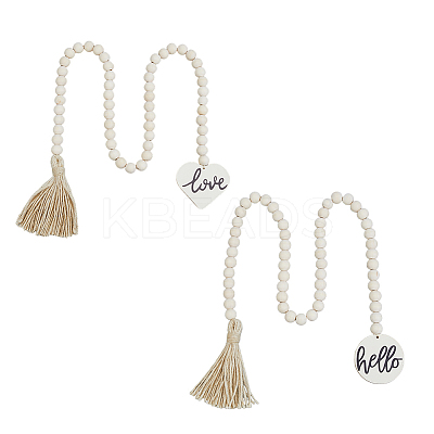 2Pcs 2 Styles Wood Beaded Garland with Jute Cord Tassels DJEW-FH0001-28-1