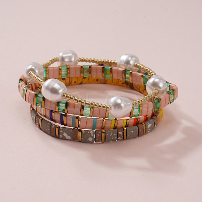 5Pcs Glass Seed Bead & Brass Beads Stretch Bracelets for Women GJ3337-1-1