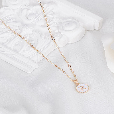 1Pc Zinc Alloy White Enamel Round with Letter Pendant Necklaces NJEW-LP0002-88G-R-1
