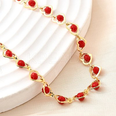 Brass & Red Faceted Glass Heart Link Chain Necklaces for Women NJEW-D314-05G-1