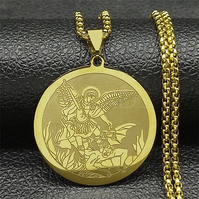 201 Stainless Steel Box Chain Archangel Saint Michael Flat Round Pendant Necklaces NJEW-S003-02G-1