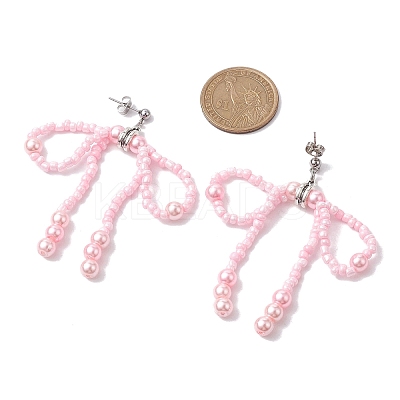 Glass Seed & Imitation Pearl Bowknot Dangle Stud Earrings EJEW-MZ00124-1