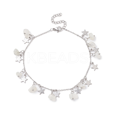 Natural White Moonstone Chips & Star Charms Anklet AJEW-AN00512-02-1