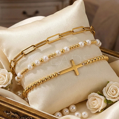 3Pcs Cross 304 Stainless Steel & Imitation Pearl Beaded Stretch Bracelet Sets PU8639-1-1