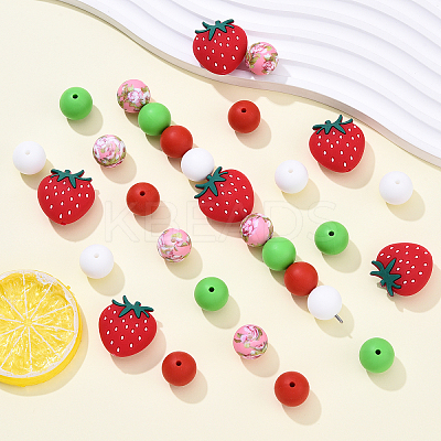 30Pcs Roumd & Strawberry Food Grade Eco-Friendly Silicone Focal Beads SIL-YW0001-69-1