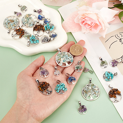 28Pcs 7 Styles Mixed Gemstone Pendants PALLOY-AB00215-1
