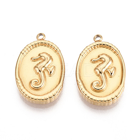304 Stainless Steel Oval with Sea House Pendants STAS-T069-47G-1