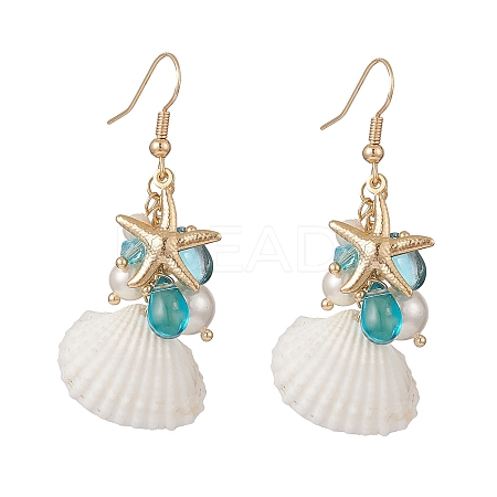 Shell Pearl & Glass & Starfish Cluster Dangle Earrings EJEW-TA00208-1