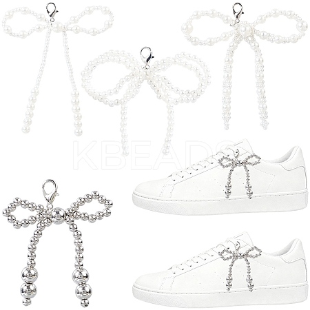 4 Pairs 4 Styles Plastic Imitation Pearl Bowknot Shoe Charms DIY-CP0012-08-1