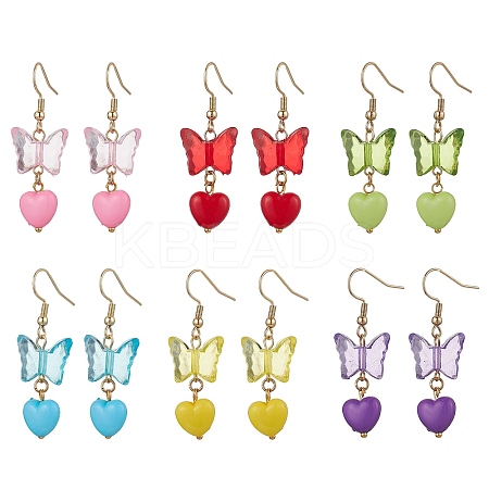 6Pairs Butterfly with Heart Acrylic Dangle Earrings EJEW-JE06377-S-1
