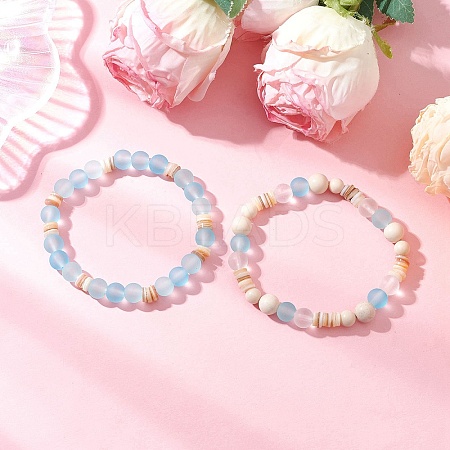 2Pcs 2 Styles Bohemia Style Natural Fossil & Freshwater Shell & Glass Beads Stretch Bracelets for Women BJEW-JB11865-1