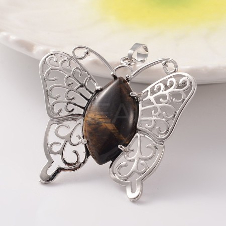 Butterfly Platinum Tone Brass Natural Tiger Eye Pendants G-M288-04-1