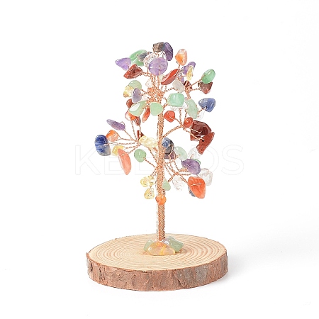 Natural Gemstone Chips with Brass Wrapped Wire Money Tree on Wood Base Display Decorations DJEW-B007-05A-1