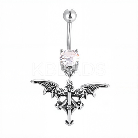 316L Surgical Stainless Steel Pave Clear Cubic Zirconia Curved Barbell Dangle Belly Rings FS-WG3A43F-07-1