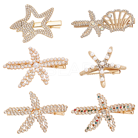 6Pcs 6 Styles Starfish Rhinestone Alligator Hair Clips PHAR-PH0001-18-1