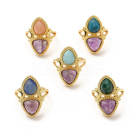 Natural Amethyst & Gemstone Twist Rhombus Adjustable Ring RJEW-C044-01G-1