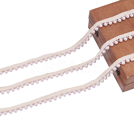 5 Yards Polyester Lace Ribbon with Round Plastic Pearl Beaded Edge OCOR-WR0001-69A-1