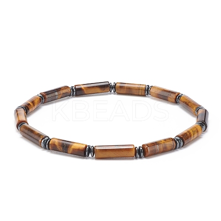 Natural Tiger Eye Column & Synthetic Hematite Stretch Bracelet BJEW-JB08458-01-1