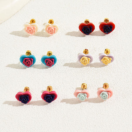 6 Pairs Elegant 201 Stainless Steel Heart with Flower Stud Earrings Sets MF5348-1