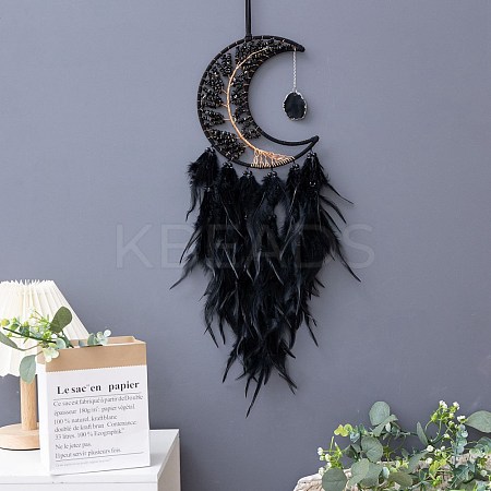 Moon with Tree of Life Natural Obsidian Chips Woven Web/Net with Feather Decorations PW-WG36336-06-1