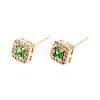 Green Glass Square Stud Earrings with Cubic Zirconia EJEW-G321-08G-1