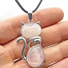 Natural Rose Quartz Alloy Cat Shape Pendant Necklaces KJ2639-2-1