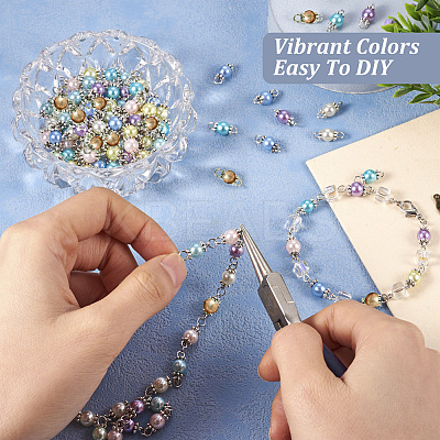 90Pcs 9 Colors Baking Paint Pearlized Glass Pearl Round Connector Charms PALLOY-TA0002-50-1