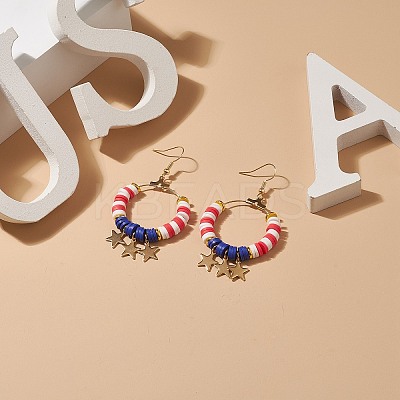 Independence Day Polymer Clay Heishi Beaded Ring with Star Dangle Earrings EJEW-TA00186-1