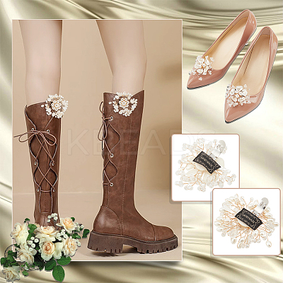 4Pcs 2 Styles Flower Alloy with Plastic Imitation Pearl Shoe Decorations FIND-CP0001-64-1
