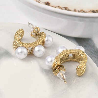 304 Stainless Steel ABS Imitation Pearl C-Shaped Stud Earrings EJEW-K268-71G-1