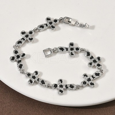 Brass Enamel Micro Pave Clear Cubic Zirconia Cross Link Chain Bracelets for Women BJEW-G764-02P-1