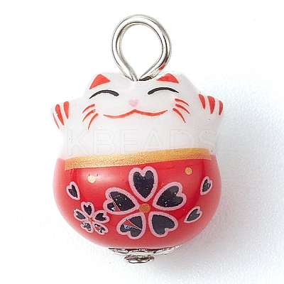 Lucky Cat Maneki-neko Patterned Porcelain Pendants PALLOY-JF03134-1